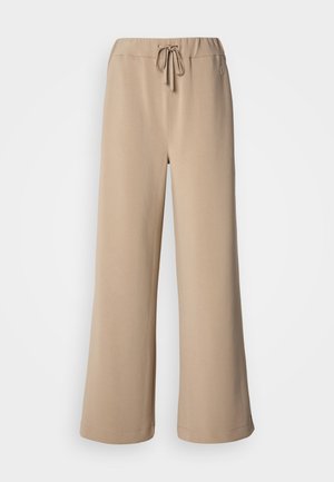 Bēša plašas bikses ar elastīgu jostu un auklu. Izgatavotas no mīksta auduma ar gludu tekstūru, ar izšūtu apakšmalu.