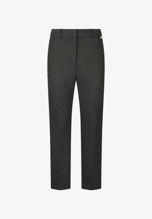 Tailored dark grey trousers with a flat front, side pockets, and a small metal logo accent. Made from a smooth, textured fabric.