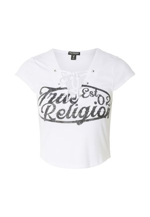 Biele krátke žebrované tričko s viazaním vpredu a čiernym logom „True Religion“ na hrudníku.
