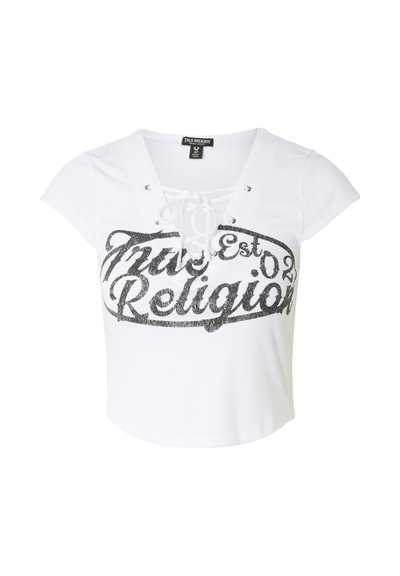 T-shirt court blanc côtelé avec laçage à l'avant et logo noir « True Religion » sur la poitrine.