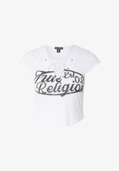 T-shirt court blanc côtelé avec laçage à l'avant et logo noir « True Religion » sur la poitrine.