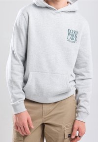 Grå huvtröja med känguruficka, prydd med teal tryckt text "Echo Park Lake" och logotyp på vänster bröstområde. Material av bomullsmix.