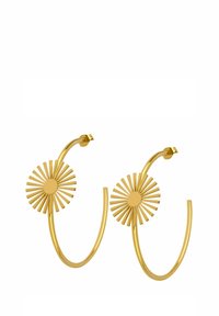 Goldene Creolen mit einem Sonnenstrahl-Design und spitzen Strahlen. Glatte, glänzende Oberfläche mit einer geschwungenen Drahtstruktur und sicherem Verschluss.