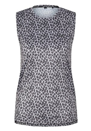 Mouwloos dames sporttopje met een zwart-grijs luipaardprintpatroon, ronde halslijn en een aansluitend silhouet.