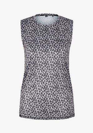 Haut de sport sans manches pour femmes avec motif léopard noir et gris, encolure ronde et silhouette ajustée.