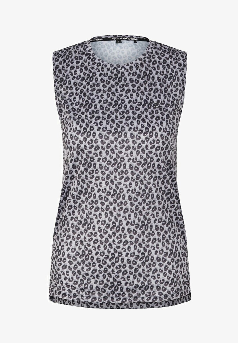 Haut de sport sans manches pour femmes avec motif léopard noir et gris, encolure ronde et silhouette ajustée.