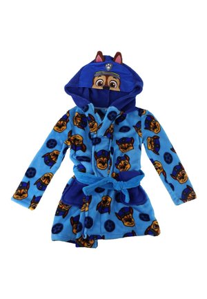 Blue children's bathrobe with cartoon dog faces, a hood featuring ears and a dog's face, and a matching belt.
