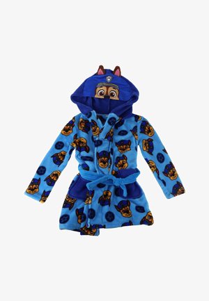 Blauer Kinderbademantel mit Comic-Hundegesichtern, Kapuze mit Ohren und Hundegesicht sowie passendem Gürtel.