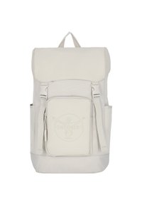 Light grey backpack with a roll-top design, front zip pocket, side mesh pockets, and a debossed logo on the front. Textured fabric.