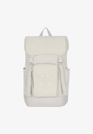 Light grey backpack with a roll-top design, front zip pocket, side mesh pockets, and a debossed logo on the front. Textured fabric.