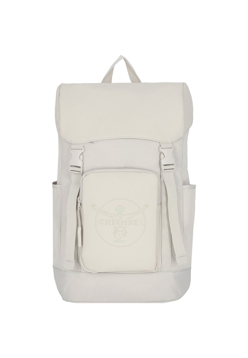 Light grey backpack with a roll-top design, front zip pocket, side mesh pockets, and a debossed logo on the front. Textured fabric.