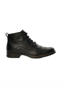 Black leather ankle boot with rounded toe, lace-up closure, and side accents. Features textured finish and rubber sole for grip.