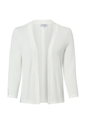 Witte open voorkant cardigan met driekwart mouwen, geribbelde textuur en een kleine voorste split aan de manchetten.