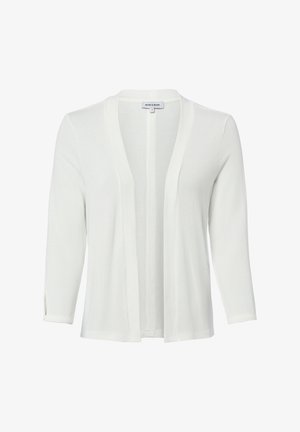 Weißer Cardigan mit offenem Vorderteil, dreiviertel langen Ärmeln, gerippter Struktur und kleinem Schlitz vorne an den Bündchen.
