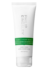 Tube blanche d'après-shampooing Philip Kingsley pour cuir chevelu squameux/démangeaisons, avec une bande verte portant du texte et un capuchon en plastique transparent. Taille : 75 ml (2,53 fl oz).
