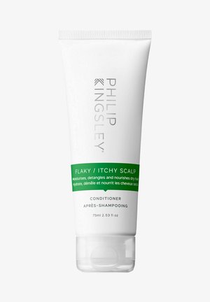 Weißer Tubus mit Philip Kingsley Conditioner für schuppige/juckende Kopfhaut, mit grünem Band und Text sowie klarem Plastikdeckel. Größe: 75 ml (2,53 fl oz).