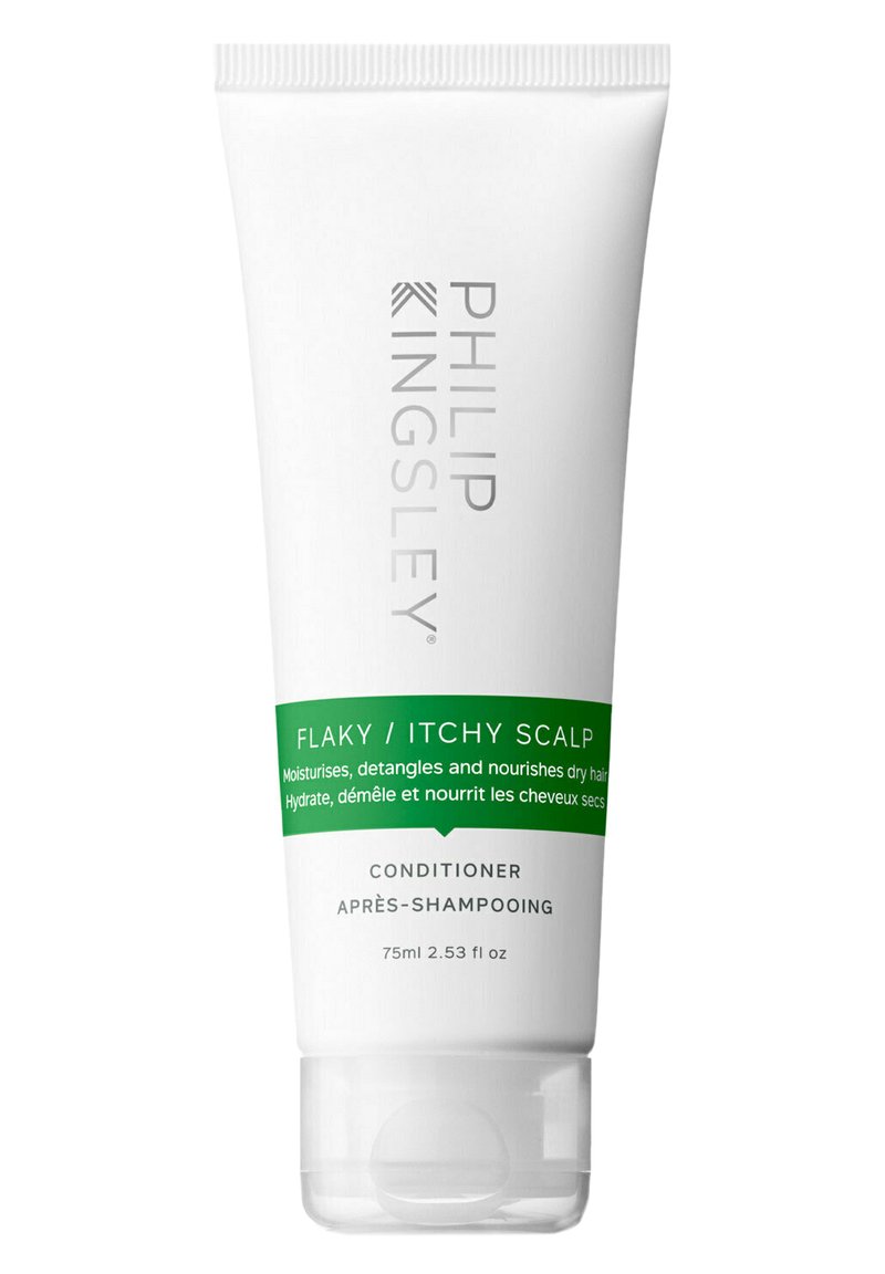 Tube blanche d'après-shampooing Philip Kingsley pour cuir chevelu squameux/démangeaisons, avec une bande verte portant du texte et un capuchon en plastique transparent. Taille : 75 ml (2,53 fl oz).