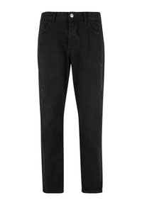 Črne jeans hlače s ravnimi nogami, z gumbom in zadrgo, petimi žepi in obrabljenimi detajli na nogah.