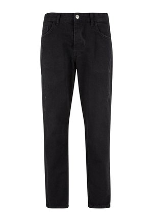 Jeans de denim negro con un corte recto, que presentan un cierre de botón y cremallera, cinco bolsillos y detalles desgastados en las piernas.