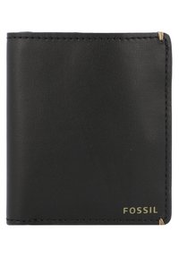 Black leather wallet featuring a smooth texture, rectangular shape, and stitching details. Logo in gold appears at the bottom right corner.