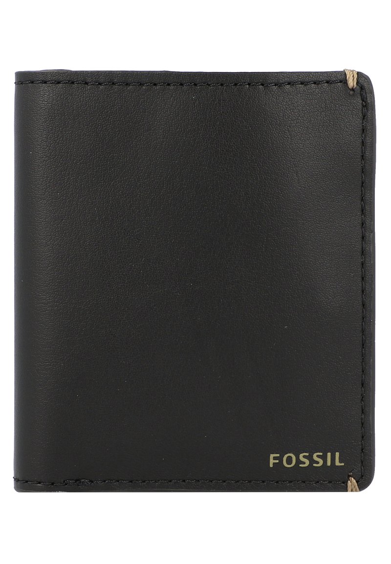 Black leather wallet featuring a smooth texture, rectangular shape, and stitching details. Logo in gold appears at the bottom right corner.