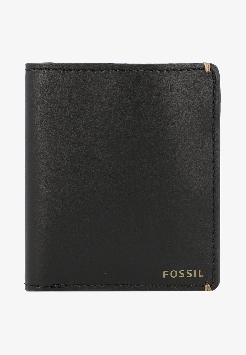 Black leather wallet featuring a smooth texture, rectangular shape, and stitching details. Logo in gold appears at the bottom right corner.