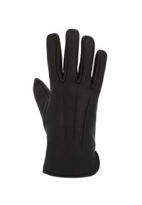 Schwarze Lederhandschuhe mit fünf Fingern, glatte Textur, detaillierte Nähte auf der Rückseite und einem angepassten Handgelenköffnug. Ideal für den Einsatz bei kaltem Wetter.