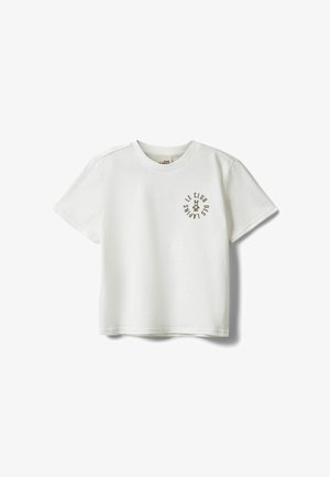 Weißes Kurzarm-T-Shirt mit rundem Halsausschnitt und kleinem rundem Logo auf der linken Brust mit dem Text "Le Club des Lapins" und einer Hasenillustration.