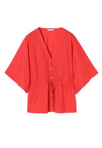 Haut en lin rouge de style kimono avec un col en V, des manches courtes, une fermeture par boutons et une taille ajustable avec un cordon pour une coupe décontractée.
