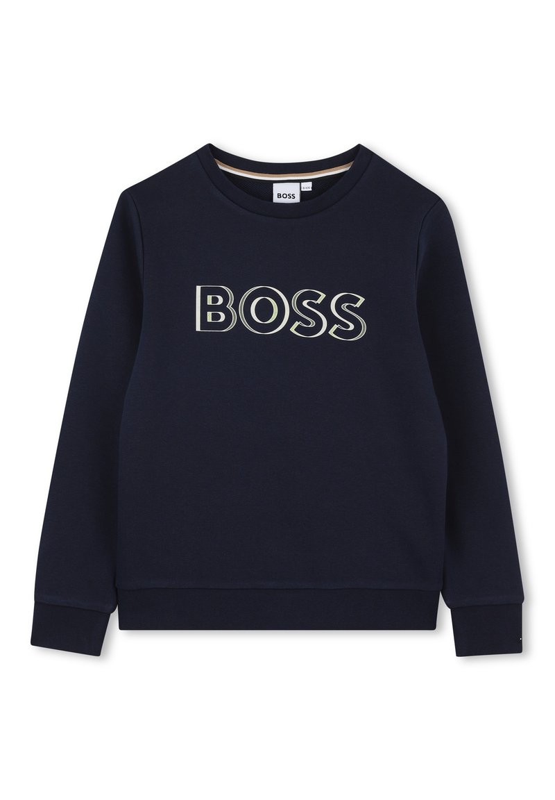 Temno moder sweatshirt iz bombaža s krojnim ovratnikom, ki na sprednji strani vsebuje izstopajoč logotip "BOSS" v svetli barvi. Gladka tekstura.