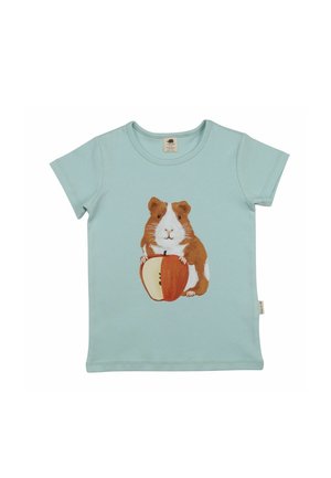 Light blue children’s t-shirt featuring a brown and white guinea pig holding a half apple illustration on the front.