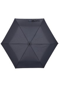Dark navy umbrella with eight panels, smooth texture, lightweight fabric, and a central hub for support. Compact design with a handle.