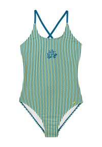 Maillot de bain une pièce rayé en bleu et jaune. Il dispose de bretelles croisées dans le dos, d'un tissu texturé et d'un petit logo brodé à l'avant.