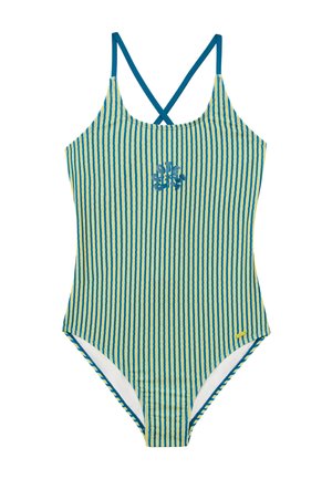 Maillot de bain une pièce rayé en bleu et jaune. Il dispose de bretelles croisées dans le dos, d'un tissu texturé et d'un petit logo brodé à l'avant.
