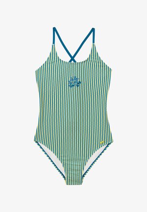 Costume da bagno intero a strisce blu e giallo. Presenta spalline incrociate, tessuto testurizzato e un piccolo logo ricamato sul davanti.