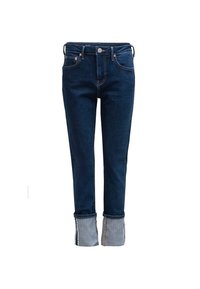 Jean en denim bleu foncé avec une coupe slim, présentant un ourlet roulé, un tissu plus clair contrastant au niveau des poignets, et un design classique à cinq poches.