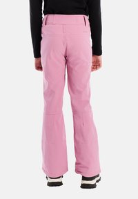 Ružové lyžiarske nohavice so strihom rovného strihu, vybavené spevneným pásom a širokými okrajmi. Vyrobené z odolného, vodoodpudivého materiálu.