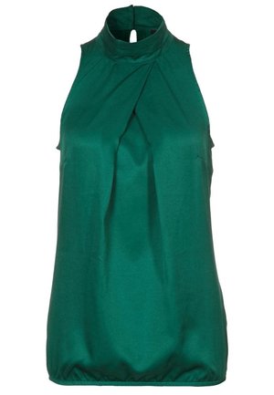 Mouwloze smaragdgroene satijnen blouse met geplooide hoge halslijn en een keyhole knoopsluiting aan de achterkant.