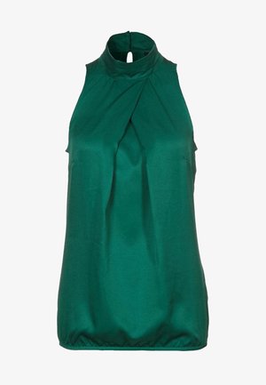 Ärmellose smaragdgrüne Satinbluse mit gerafftem hohem Stehkragen und Knopfverschluss mit Schlitz am Rücken.