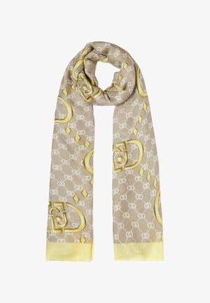 Sciarpa beige con motivi e accenti astratti gialli, realizzata in morbido tessuto, con una texture delicata e una finitura giallo chiaro alle estremità.