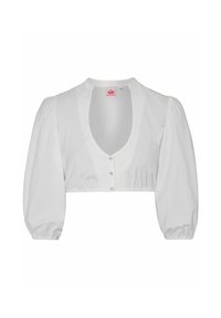 White cropped blouse with a deep V-neck, puff sleeves, and front buttons. Made from textured fabric, featuring a fitted waistband.