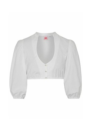 Weiße kurze Bluse mit tiefem V-Ausschnitt, Puffärmeln und vorderen Knöpfen. Aus strukturiertem Material gefertigt, mit einer taillierten Taille.