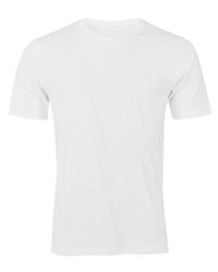 Hvid bomulds T-shirt med rund hals og korte ærmer, der har en glat tekstur og ingen synlige mønstre eller accenter.