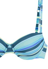 Bikini liemenė su vieline atrama, papuošta horizontaliosiomis juostelėmis mėlynų ir žalių atspalvių. Įtraukti reguliuojami dirželiai ir susiraukšlėjusi medžiaga.