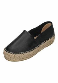 Black leather espadrille with a round toe, jute rope sole, and a stitched accent around the edge. Open sides for ventilation.