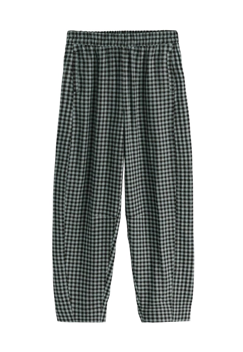 Pantaloni în carouri negre și gri, din țesătură ușoară, cu talie elastică, buzunare laterale și o croială lejeră.