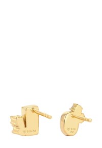 Boucles d'oreilles en métal doré avec un design en bloc et main. Fabriquées en argent 925, avec une texture lisse et une finition polie. Détails gravés visibles.