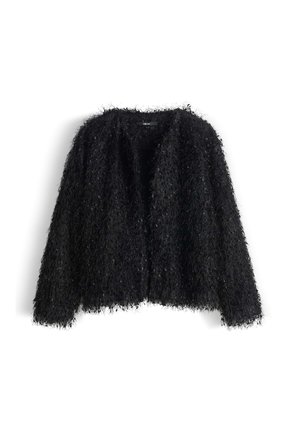 Cardigan aperto nero e morbido con maniche lunghe. Realizzato in un materiale morbido e testurizzato, presenta una vestibilità rilassata e un design non strutturato.