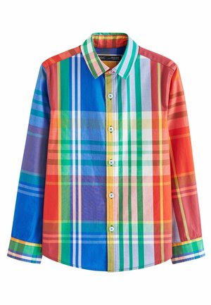 Langærmet skjorte med knapper og flerfarvede lodrette og vandrette striber i blå, grønne, røde, orange og gule nuancer.