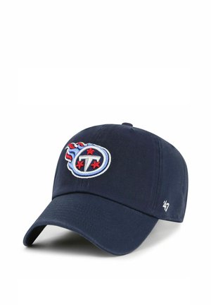 Navy blue baseball cap with curved brim featuring a red, white, and blue logo of a flaming circle with three red stars and a white "T".